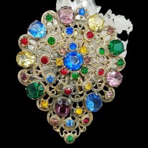 Huge Vintage 1930's Czech Multi Color Rhinestone Dress Clip